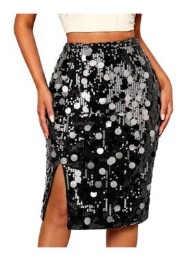 Sequin Knee Length Pencil Skirt High Waist Side Slit Party